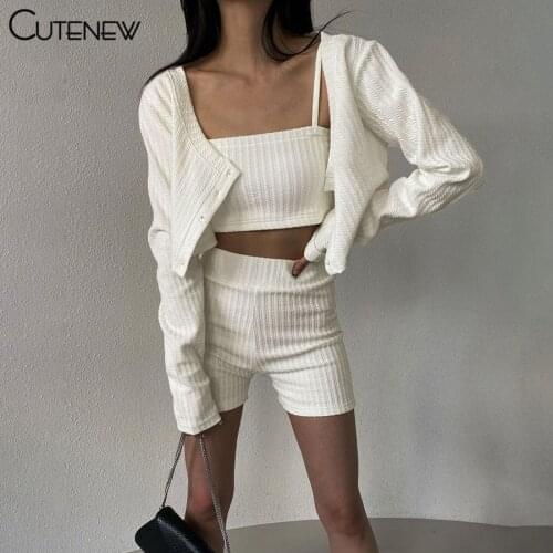 Cutenew Fashion Solid Knit 3 Piece Set Women Outfit Long Sleeve Cardigan Sweater+Camisole+Shorts Matching Lady Casual Streetwear