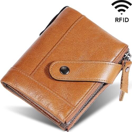 RFID anti-theft Zipper Short Mens Wallet Genuine Leather Zipper Hasp Anti-Magnetic Change Coin Clutch Oil Wax Leather Wallet