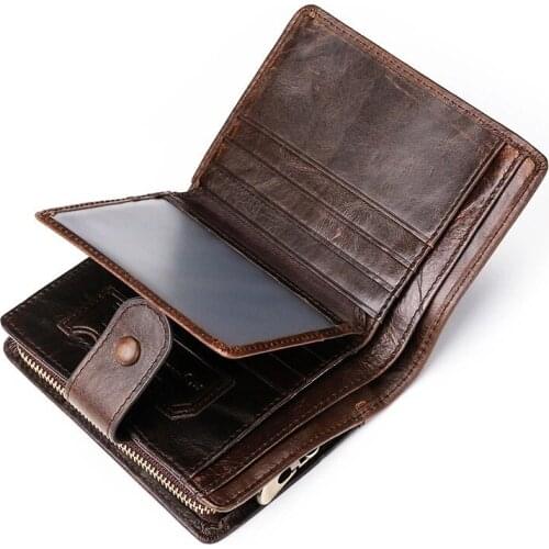 Male Short Zipper Style Top Upper Grain Real Leather Card Holder Cow Head Hide Men 's Wallets