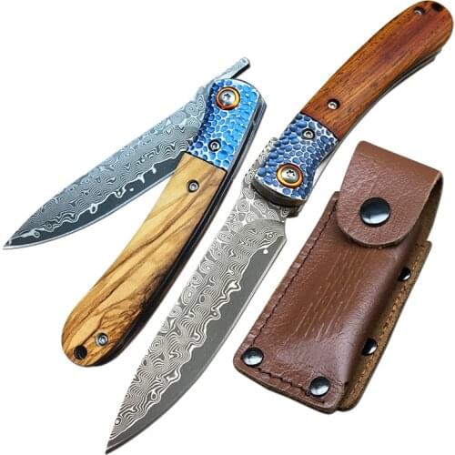 New Damascus Razor Outdoor Survival Tactical Folding Knife Rosewood Handle Camping Hunting Pocket Knife Utility Tool Fruit Knife
