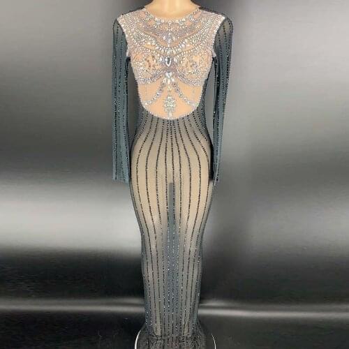 Singer Stage Performance Wears Elastic Evening Perspective Dress Black Rhinestones Bag Hip Mesh Diamonds Outfit Drill