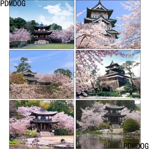 PDMDOG Diamond Painting 5D Landscape Full Square Diamond Embroidery Cherry Blossoms Cross Stitch Bead Picture Kits Art Gift