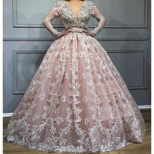 SuperKimJo Robe Pink Prom Dresses Ball Gown Lace Applique Luxury Beaded V Neck Sparkly Prom Gown Abendkleider 2021