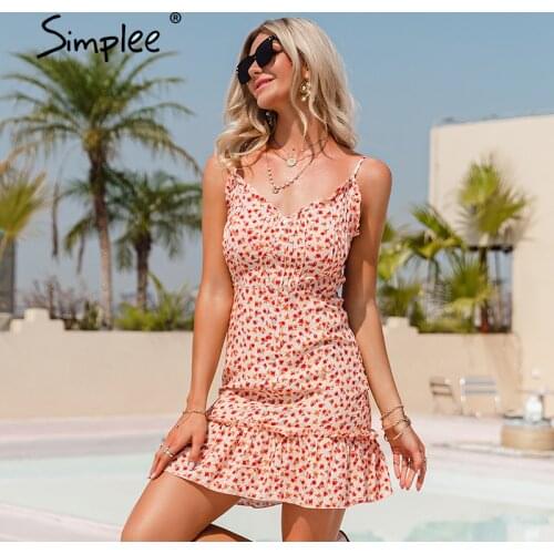 Simplee Casual Summer Beach Floral Print Womens Dress Fashion V-neck Button Short Sundress 2021 Sexy Spaghetti Strap Vestidos