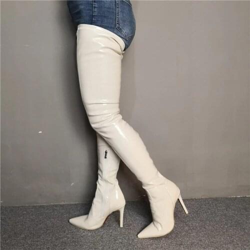 Women Crotch Over Knee High White Side Zip Stiletto Heels Boots Botas Mujer Ladies Girls Unisex Shoes Woman Botas Size 43 44 47
