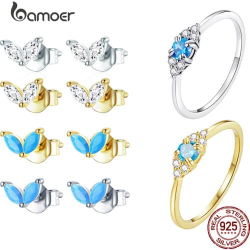 BAMOER 925 Sterling Silver Gold Plated Stud Earring Piercing Luxury Cubic Zirconia Classic Fine Jewelry