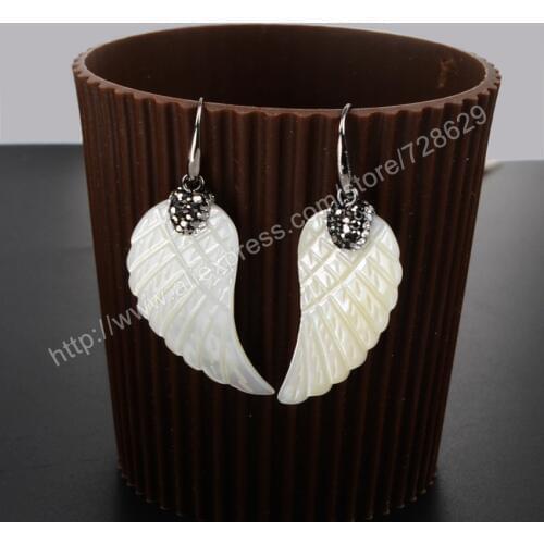 BOROSA Rhinestone Pave Bead White Shell Angle Wing Dangle Earrings JAB521