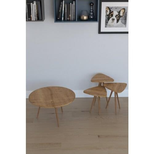 Modern 3'lü Triangle Zigon Coffee table, Serving Stand and Paris Medium Coffee table-Oak coffe table table bassee