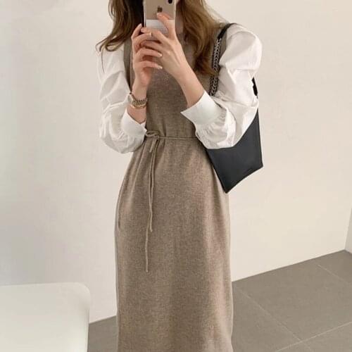 ZAWFL Vintage Puff Sleeve Patchwork Women Knitted Midi Dress O-neck Slim Waist Lace-up Fashion Sweater Dress Vestidos Femme