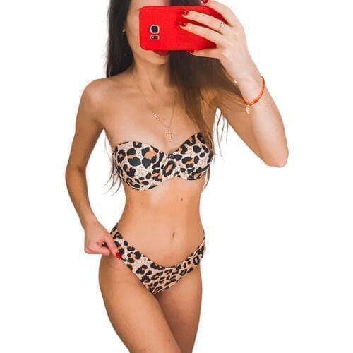Women Leopard Split Bikini Two Pieces Set 2020Fashion Sexy Push Up Padded Strapless Bra Thong Panties Bathing Swimsuit Females