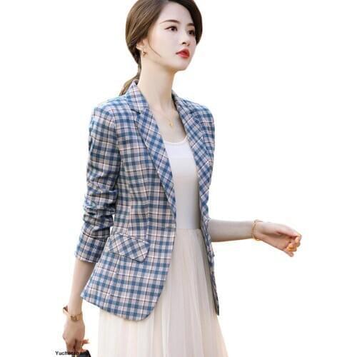 Woman Khaki Blue Plaid Blazer Slim Autumn Winter Outwear Casual Jackets Single Button Coat S-4XL