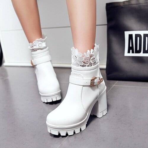 PXELENA Chunky Block High Heels Platform Ankle Boots Women Lace Buckle Round Toe Comfort Vintage Short Boots Fashion Shoes White