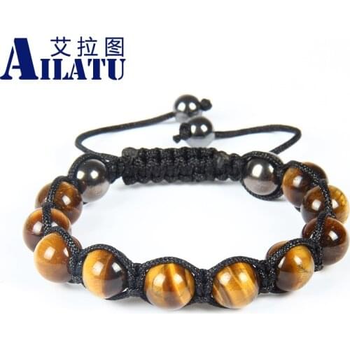 Ailatu Wholesale Free Shipping Fashion Style 10mm Natural Tiger Eye Gem Stone Macrame Bracelet