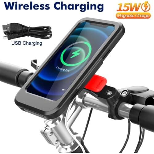 Bicycle Phone Holder 15W Wireless Charger Bike Stand USB Charging Bike Motorcycle Support For 6.7 inch Cellphone Waterproof Bag
