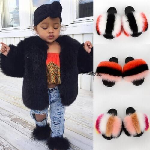 Kids Fashion Cute Fox Fur Slippers Childrens Colorful Fluffy Plush Slides Summer Girls Home Indoor Sandals Furry Flip Flops