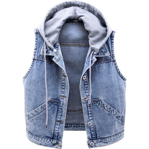 Denim Vest Women Short Coat 2020 Spring Autumn Loose Hooded Sleeveless Jacket Single-breasted Casual Female Vintage Jeans Tops