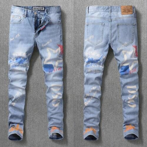 European American Fashion Designer Men Jeans Elastic Slim Fit Printed Jeans Men Night Club Streetwear Hip Hop Denim Punk Pants