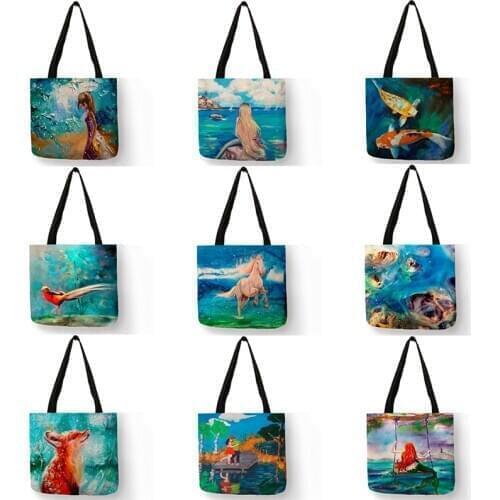 Customized Animal Print Women Shoulder Bag Horse Fish Oil Painting Handbags Eco Reusable Shopper Bags Large Capacity SY0078