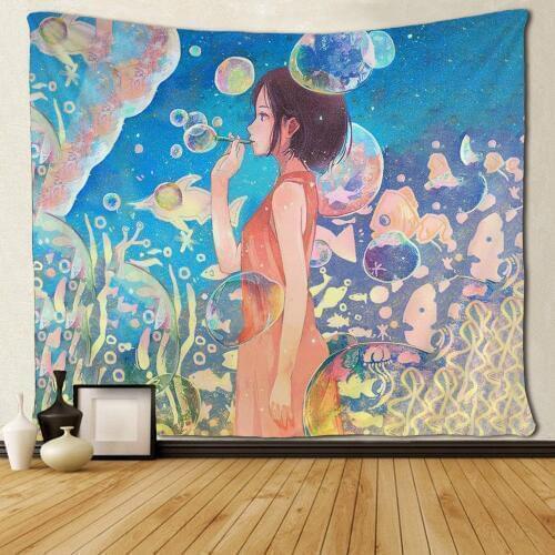 Custom Creative Blowing Bubble Girl Sea World Tapestries Unique Art