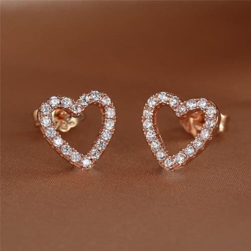 Dainty Female Crystal Heart Earrings Black Rose Gold Silver Color Stud Earrings Simple White Zircon Wedding Earrings For Women