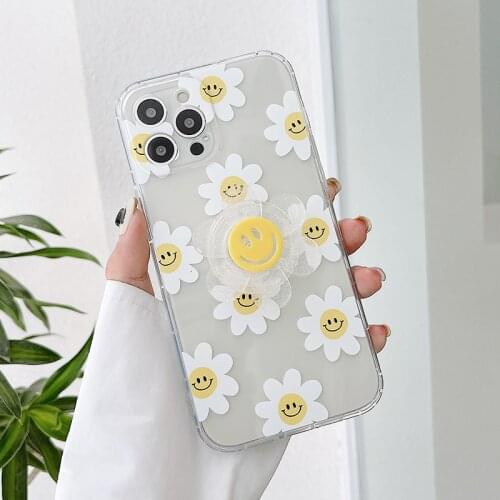 INS Korea Cute 3D Sun flower Bracket Transparent Soft phone Case For iPhone 11 12 Pro Max Mini 7 8 Puls X XR XS protection cover