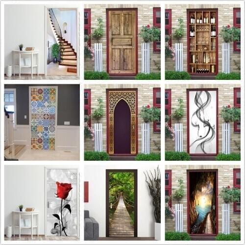 3D Self-adhesive Wallpaper PVC Door Sticker Livingroom Bedroom Decoration Poster Home Design Decor Wall Mural DIY Decal 2PCS/Set