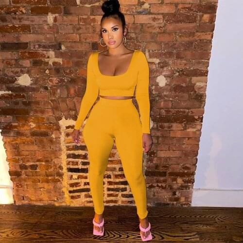 Solid Sporty 2 Piece Set Women Autumn Fall Casual Low Neck Full Sleeve Crop Top+pencil Legging Jogging Suit Classic Tracksuit