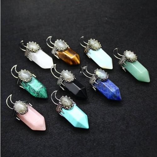 Wholesale 3pcs/Lot Natural Stone Hexagonal Column With Oval Opals Crystal Pendant Moon Charm Purple Pink Stone Women Men Gift