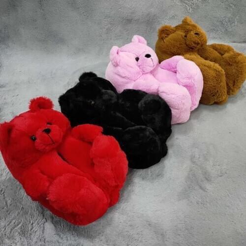 Plush Teddy Bear House Slippers Brown Women Home Indoor Soft Anti-slip Faux Fur Cute Fluffy Pink Slippers Women Winter Warm Shoe