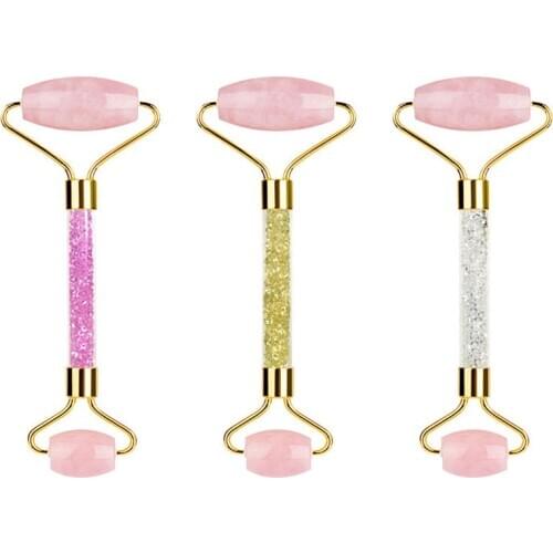 Rose Quartz Rhinestone Jade Roller Massager For Face Natural Gouache Stone Facial Massage Roller gouache Pink Quartz Beauty Tool