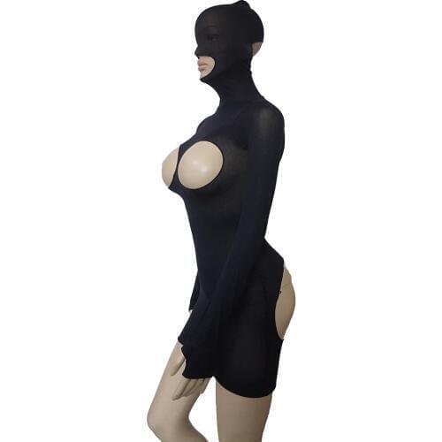 Sexy Women Semi Sheer Cupless Open Butt Micro Mini Dress with Head Enclosure Hood Long Sleeve Bodystockings Bodysuit Lingerie