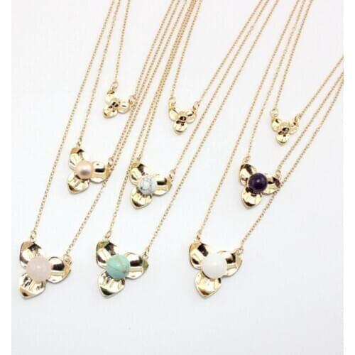 Light Yellow Gold Color Alloy Flower Multi Layer Pendant Link Chain Necklace Many Style Quartz Stone Jewelry