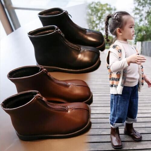 YWPENGCAI Autumn Winter Kids Boots For Girl Front Zipper Leather Martin Boots Girls Warm Velvet Ankle Boots Size 27-37