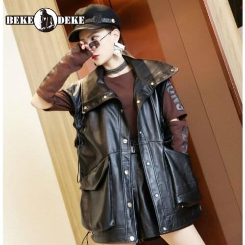 Women Designer Streetwear Casual Vest Big Pockets Real Leather Sheepskin Sleeveless Jackets Fashion Single Breasted Waistcoat