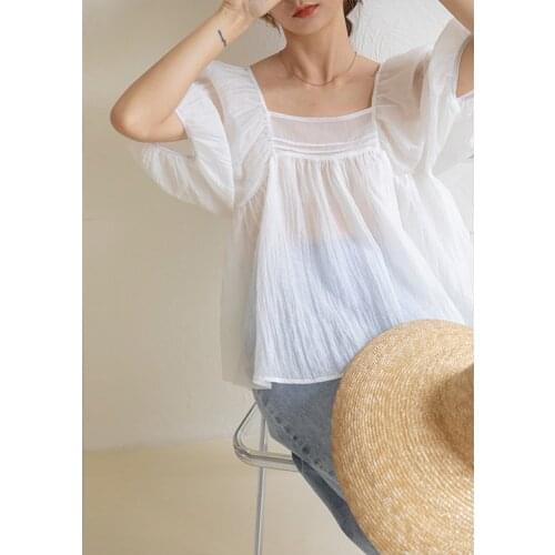 Womens summer 6-up new shoulder hollow out baby shirt light ripe open back Lantern Sleeve new chiffon shirt 63366