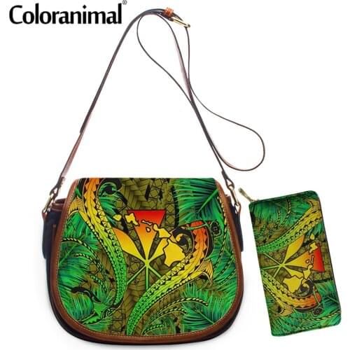 Coloranimal Hawaii Shark Polynesian Tropical Plam Tree Print Crossbody Bag for Women PU Shoulder Bag 2Pcs Messenger Bolsa 2021