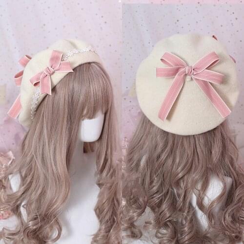 1pc Beret Hat Lolita Girl Sweet Cute Female Daisy Bow Hat Japanese Beret Lolita Girl Sweet and Cute Woolen Female Bow Hat