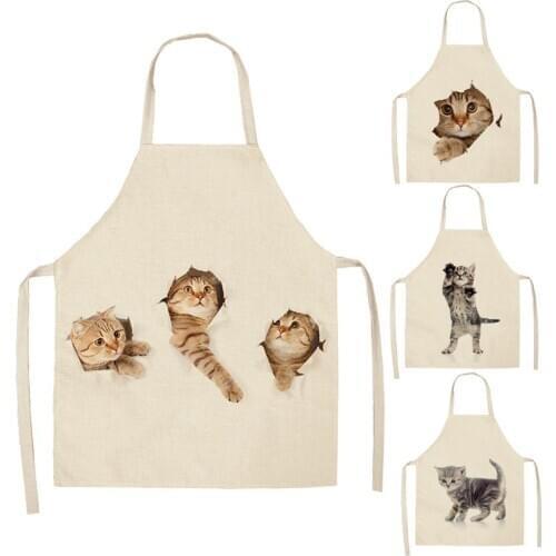 1 Pcs Lovely Cat Pattern Kitchen Apron for Women Cotton Linen Bibs Household Cleaning Pinafore Home Cooking Aprons WQ04