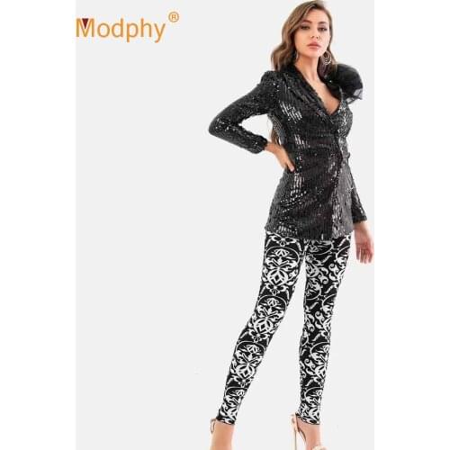 2021 Spring WomenS Bodycon Set Sexy V-Neck Long-Sleeved Mesh Sequined Jacket And Printed Pants 2 Two-Piece Fashion Party Suit