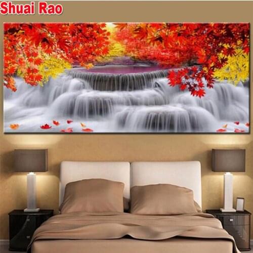 Waterfall Diamond painting Red Leaves 3d cross stitch full Square/Round diamond embroidery mosaic Pattern landscape