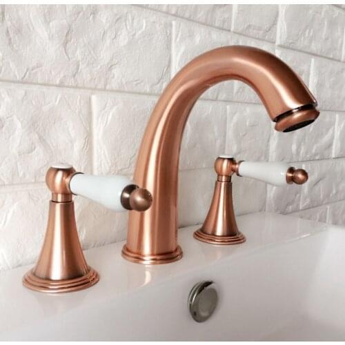 Antique Red Copper Double Ceramic Handle Deck-Mount Three Hole Widespread Bathroom Bathtub Basin Faucet Sink Mixer Tap drg039