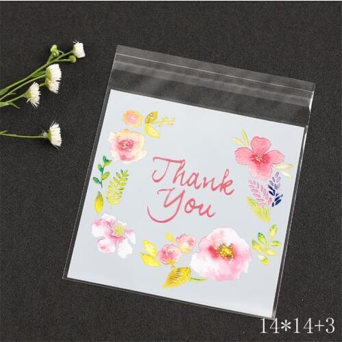 25pcs Big 14x14+3cm Jewelry Opp Bags Box Thank You Flower Print Pouches for Biscuit Bake Gift Candy Bags Packaging Packing