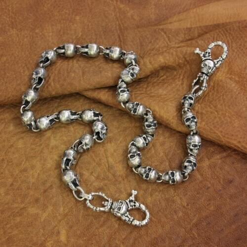 Details Skull Wallet Chain 925 Sterling Silver Mens Biker Rock Punk KeyChain TA175WC