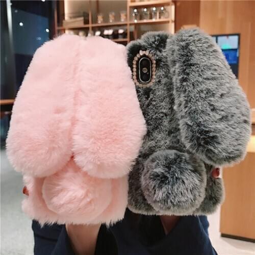 Fluffy Rabbit Cute Silicone Bunny Plush cover For huawei P20 P30 Pro Honor view 30 20 10 9 lite Y5 Y6 Prime 2018 Y7 Y9 2019 Case