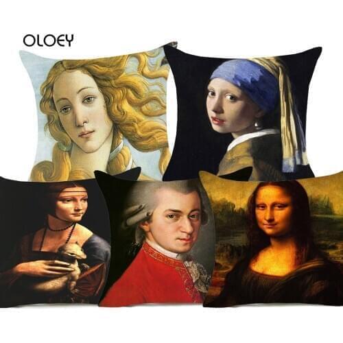 Mona Lisa Beethoven European Retro Polyester Pillow Case Home Bedroom Hotel Car Seat Decorative Pillow Case Wedding Gift 45x45cm