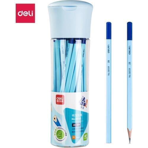 Deli 30Pcs/barrels 2B Students Triangle Pencil Drawing Brush Wooden Children Writing Pencils To Send Pencil Sharpener 58163