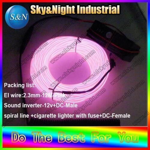 EL rope in ten colors) Pink EL neon light 2.3mm- 12M spiral line+cigarette lighter with fuse+Sound inverter 12V+free shipping