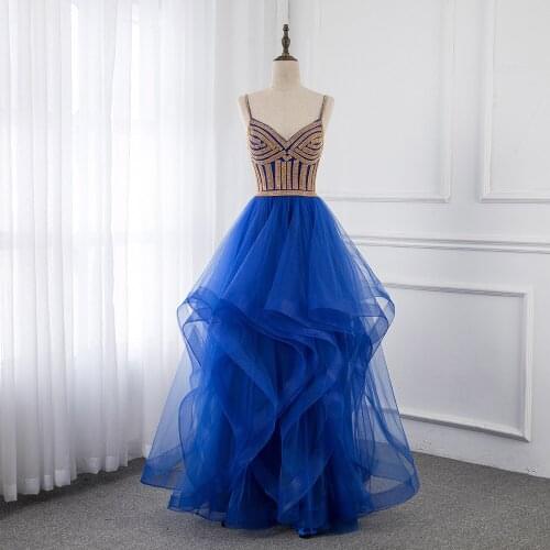 Elegant Royal Blue Long Prom Dresses 2020 Straps Tulle Ruffles Crystals Lace-up Formal Party Dance Dress Ball Gown MSHBLUE