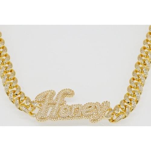 Cuban Chain Name Plate Necklace Real Gold Plated Cubic Zirconia Customized Initial Jewelry,Ins Hot Hiphop gift