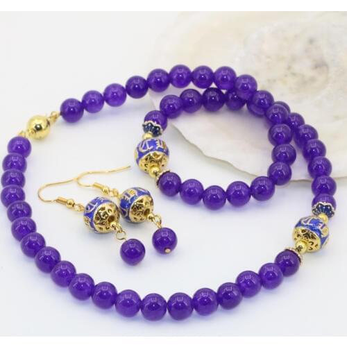 Trendy Necklace Dangle Earring Bracelet Set Natural Stone Jewelry Sets for Women 10 Color 8mm Jades Chalcedony Round Beads B2676